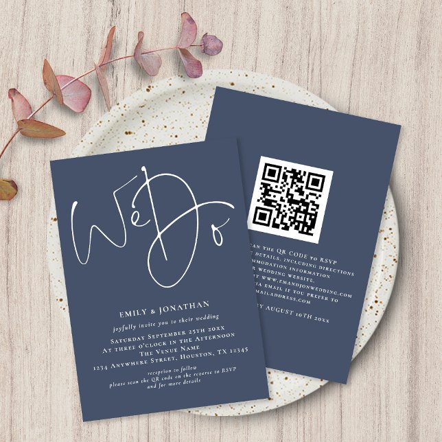 Invitation Nous faisons un mariage QR Dusty Navy Blue de scri (Créateur téléchargé)