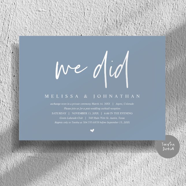 Invitation Nous l'avons fait, Mariage Intime, Moderne Minimal (We Did, Wedding Elopement Dinner Invitation Card, PDF, Modern Minimalist, in Dusty Blue)
