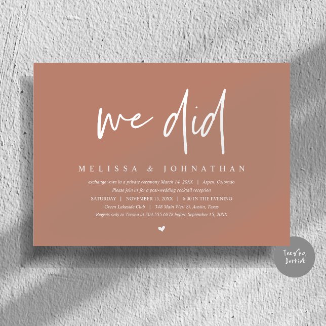 Invitation Nous l'avons fait, Mariage Intime, Moderne Minimal (We Did, Wedding Elopement Dinner Invitation Card, PDF, Modern Minimalist, in Earthy Terracotta Brown)