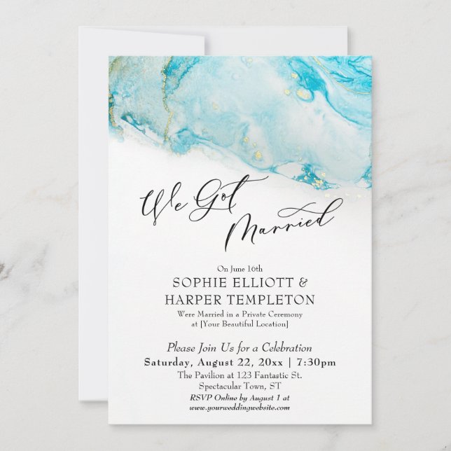Invitation Nous nous sommes mariés Encre sarcelle et or Récep (Devant)