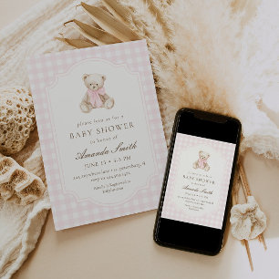 Invitation Nous pouvons à peine attendre Ourson en Vichy Rose