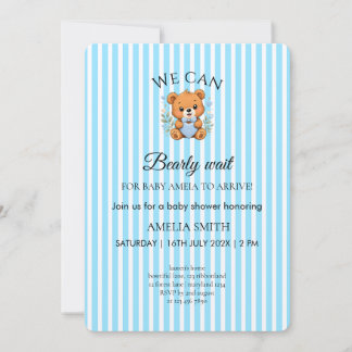 Invitation Nous pouvons à peine attendre Teddy Bear Bleu rayé