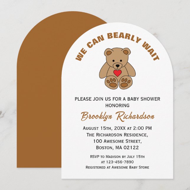 Invitation Nous pouvons attendre Brown Teddy Bear Baby shower (Devant / Derrière)