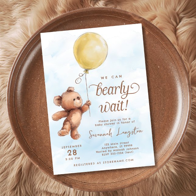 Invitation Nous Pouvons Attendre Jaune Teddy Bear Baby shower (Shown on a 5x7" invitation)