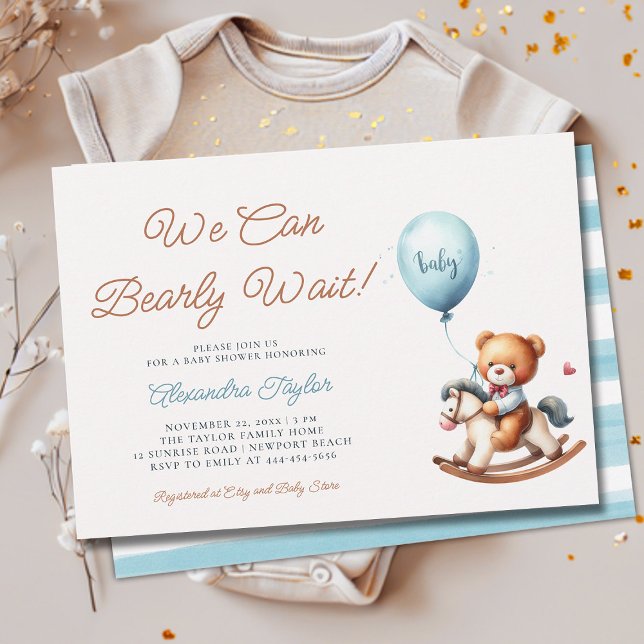 Invitation Nous Pouvons Attendre Rapidement Cheval Cheval Béb (we can bearly wait baby boy shower invitation teddy bear cute stuffed toy rocking chair nursery chic)