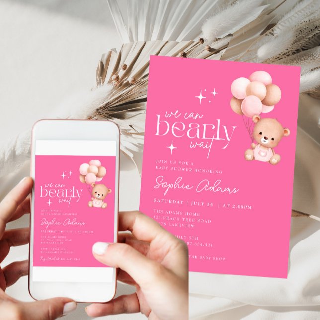 Invitation Nous Pouvons Attendre Teddy Bear Baby shower rose  (Créateur téléchargé)