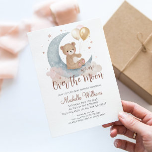 Invitation Nous Sommes Au-Dessus Du Baby shower Lune Teddy Be