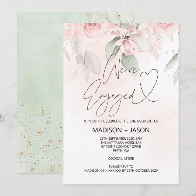 Invitation Nous sommes Engaged Engagement Party Pink Floral G (Devant / Derrière)