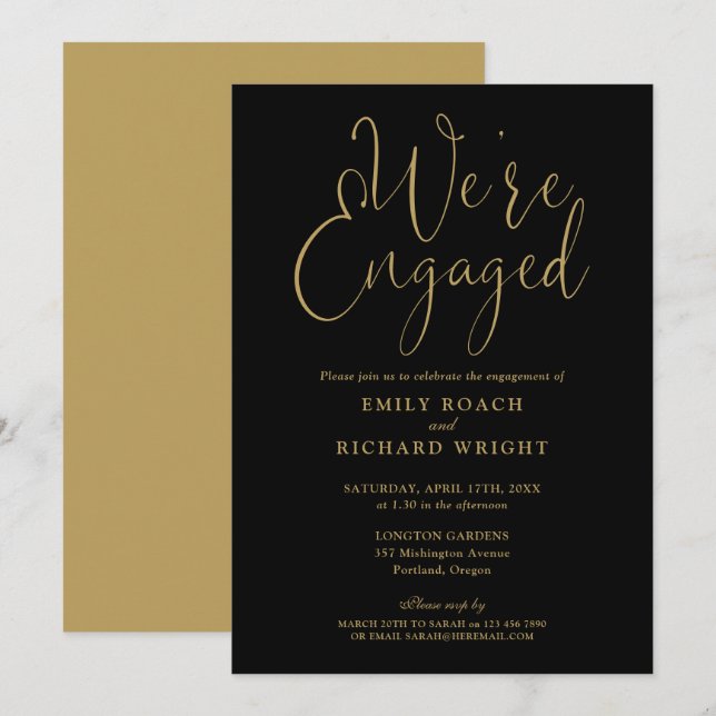 Invitation Nous sommes engagés Black And Gold Engagement Part (Devant / Derrière)