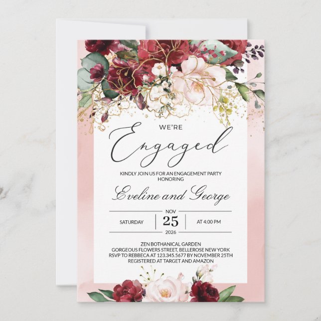 Invitation Nous sommes engagés Bourgogne Floral Boho Invitati (Devant)