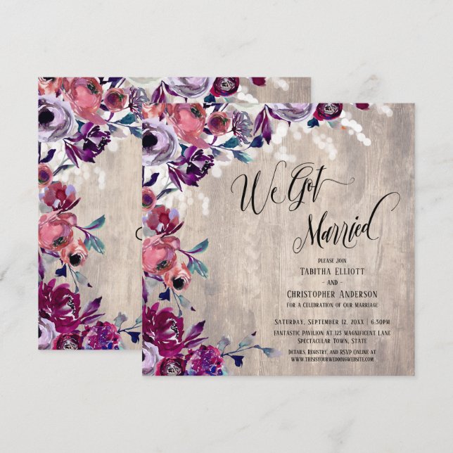 Invitation Nous sommes mariés Calligraphie Floral Bois Clair  (Devant / Derrière)