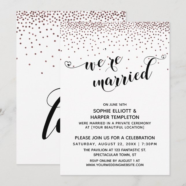 Invitation Nous sommes mariés Écriture Rose Gold Confetti Réc (Devant / Derrière)