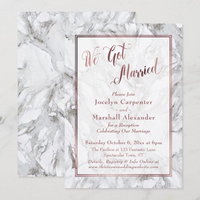 Invitation Nous sommes mariés Rose Or Script Marbre Réception (Devant / Derrière)