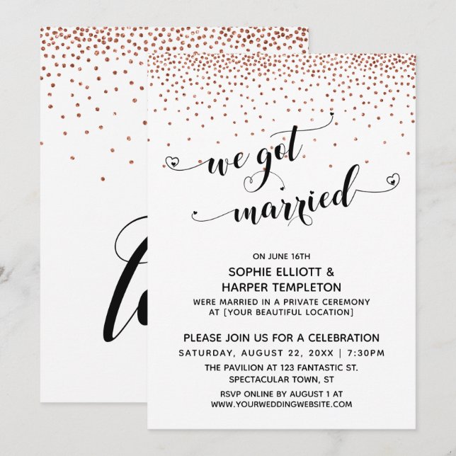 Invitation Nous sommes mariés Script de coeurs Fête de confet (Devant / Derrière)