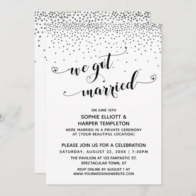 Invitation Nous sommes mariés Script Silver Confetti Réceptio (Devant / Derrière)