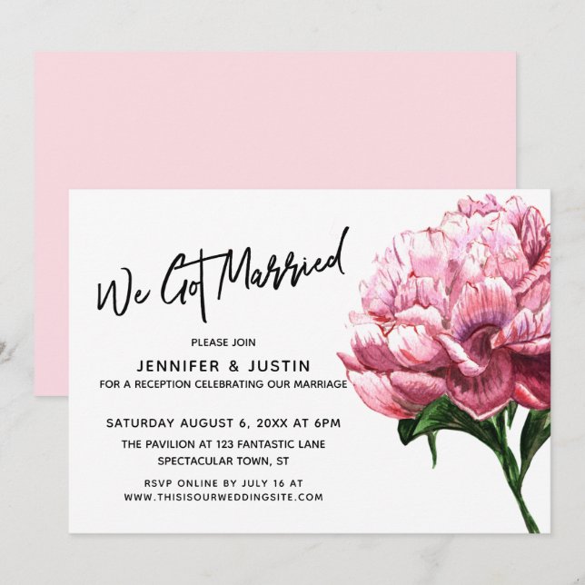 Invitation Nous sommes mariés Typographie, Pivoine aquarelle  (Devant / Derrière)