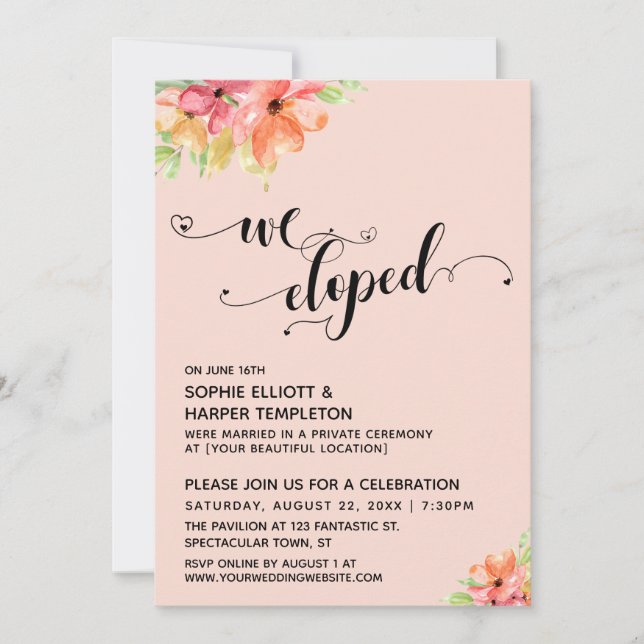 Invitation Nous sommes partis avec des cœurs Script Fleurs aq (Devant)