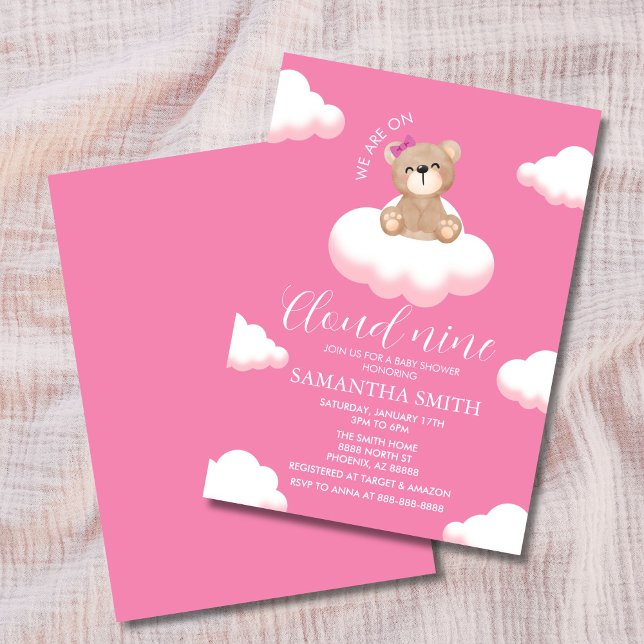 Invitation Nous sommes sur Cloud Nine Baby shower de fille ro (Minimalist pink baby shower invitation with smiling teddy bear sitting on fluffy white clouds)