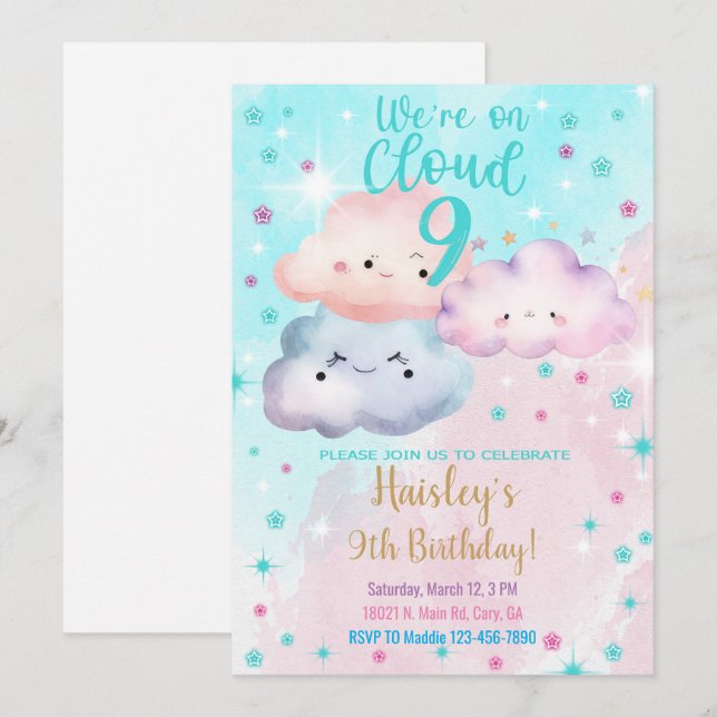 Invitation Nous sommes sur Cloud Nine fille 9ème anniversaire (Devant / Derrière)