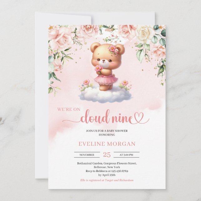 Invitation Nous sommes sur le nuage neuf baby shower fille ou (Devant)