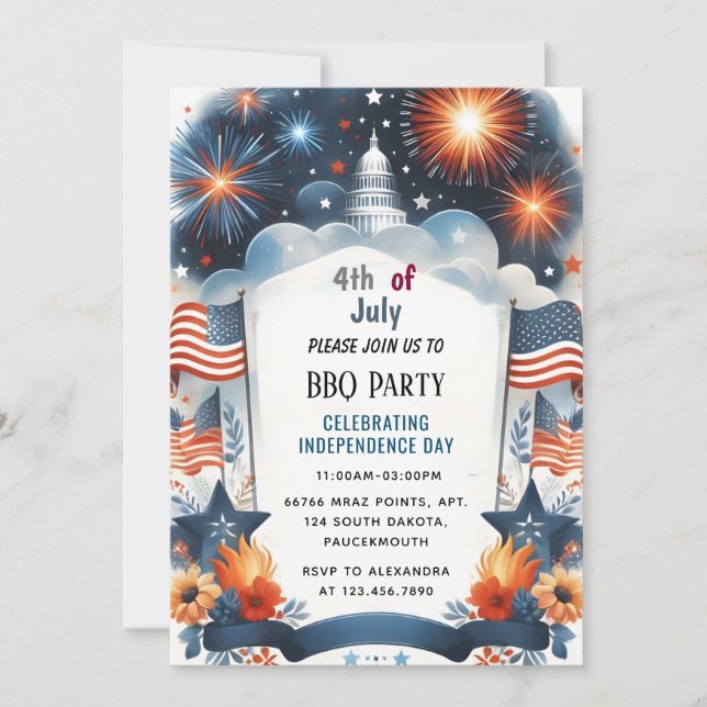 Invitation Nouveau Bbq Rouge Blanc Bleu Usa Drapeau 4 juillet (Devant)