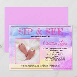 Invitation Nouveau bébé aquarelle rose Sip et voir photo pers