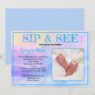 Invitation Nouveau bébé en bleu "Sip and See" Fête personnali