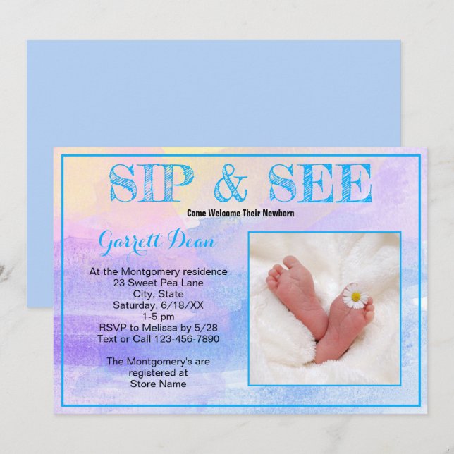 Invitation Nouveau bébé en bleu "Sip and See" Photo Party per (Devant / Derrière)