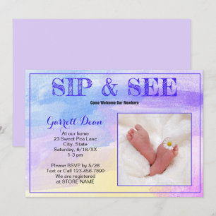 Invitation Nouveau bébé en violet "Sip and See" Photo Party