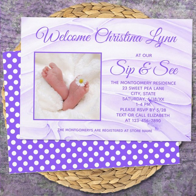 Invitation Nouveau Bébé Purple "Sip and See" (Créateur téléchargé)