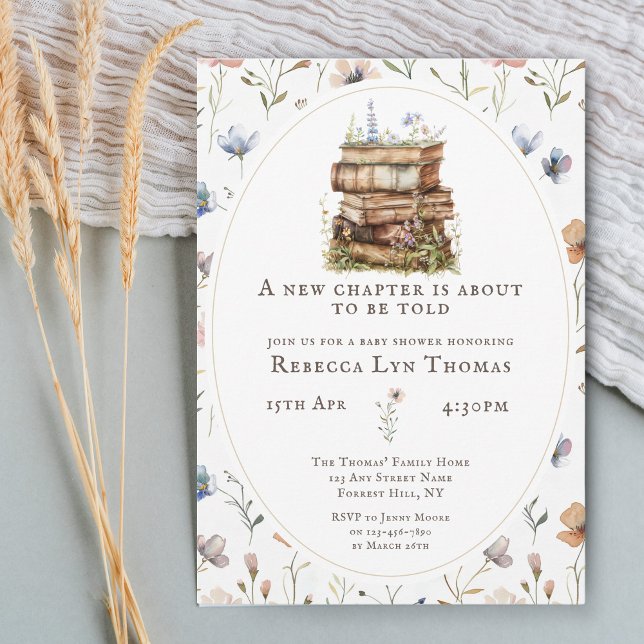 Invitation Nouveau chapitre baby shower aquarelle, fleur sauv (Créateur téléchargé)