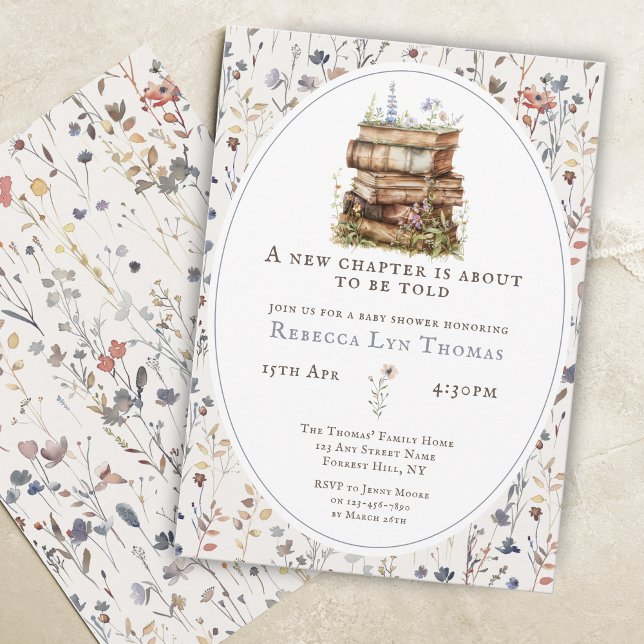Invitation Nouveau chapitre baby shower aquarelle, fleur sauv (Créateur téléchargé)
