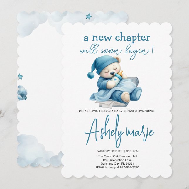 Invitation Nouveau Chapitre Teddy bleu garçon baby shower Our (Devant / Derrière)