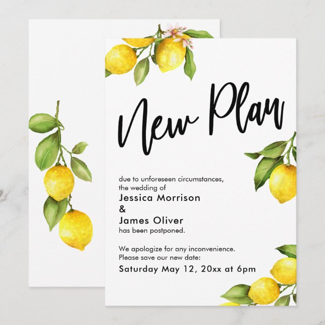 Invitation Nouveau Plan Aquarelle Citrons Mariage Reporté Car (Devant / Derrière)