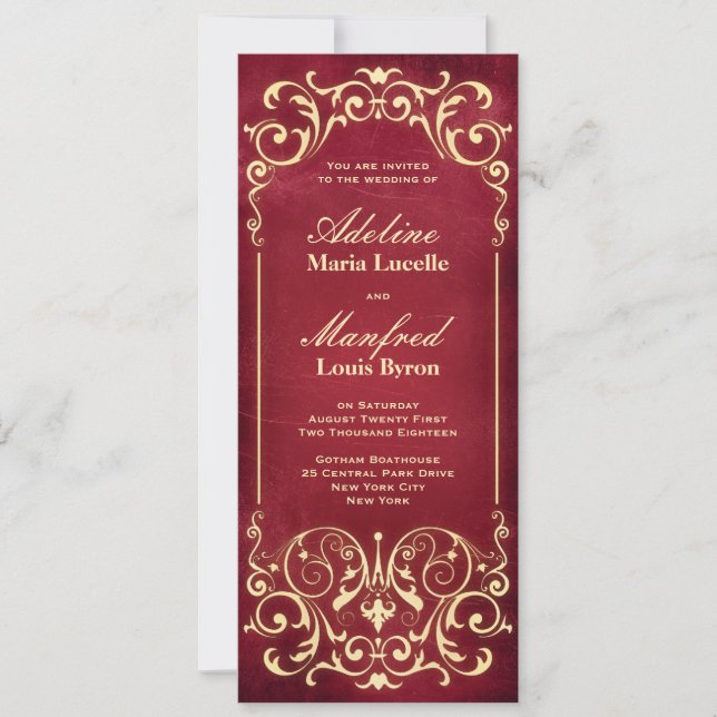 Invitation Nouveau Victorian : Mariage rouge et or (Devant)