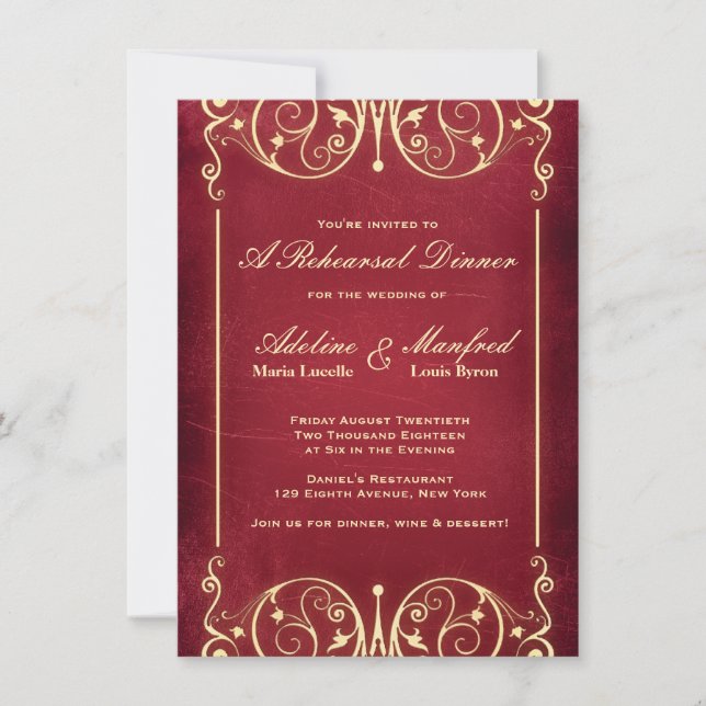 Invitation Nouveau Victorien : Dîner de répétition rouge et o (Devant)
