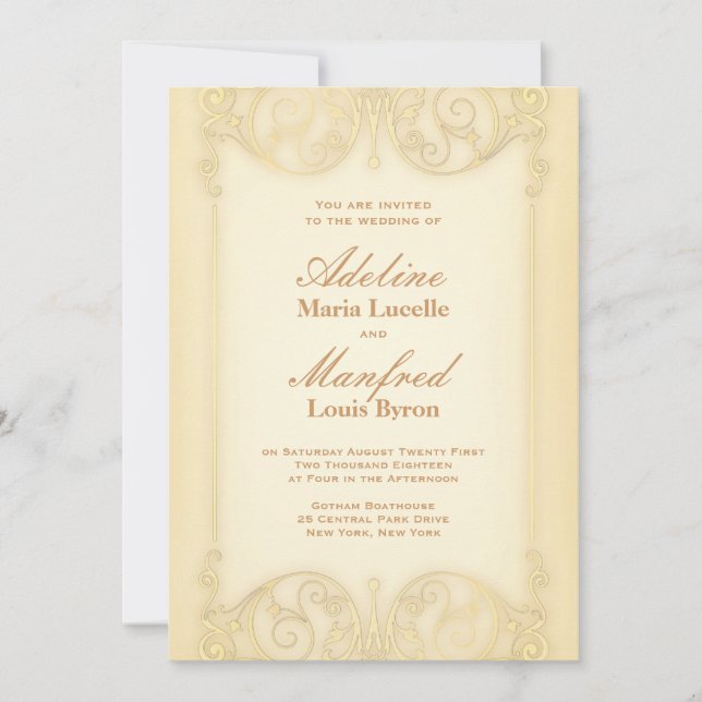 Invitation Nouveau Victorien : Mariage de fantaisie or pâle (Devant)