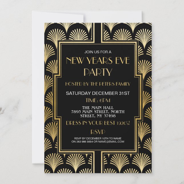 Invitation Nouvel An 1920 Fan noir et or du Gatsby Party (Devant)