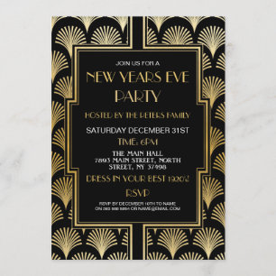 Invitation Nouvel An 1920 Fan noir et or du Gatsby Party