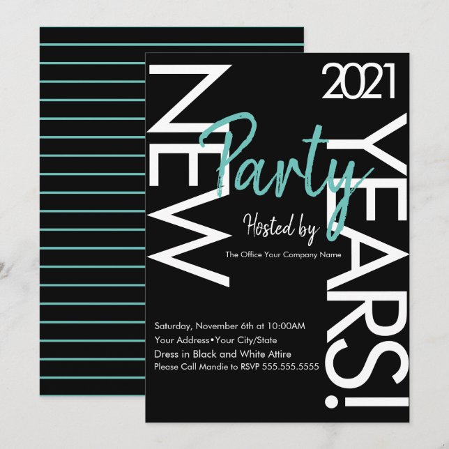 Invitation Nouvel An 2021 White Turquoise Typography Company  (Devant / Derrière)
