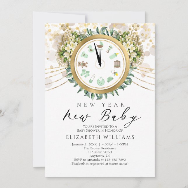 Invitation Nouvel an Baby shower de l'horloge pour bébés (Devant)