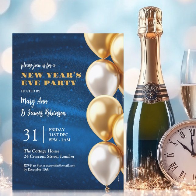 Invitation Nouvel An Ballons Sequin Gold de la Marine (New Years Eve Navy Gold Shimmering Sequin Balloons Invitation)