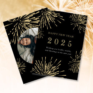 Invitation Nouvel An Black Gold Firework Photo Holiday Card
