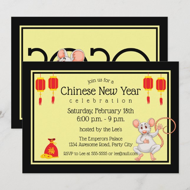 Invitation Nouvel An chinois 2020 Cartoon Rat (Devant / Derrière)
