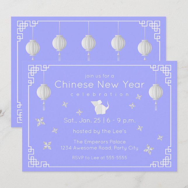 Invitation Nouvel An chinois Origami Rat, bleu clair (Devant / Derrière)