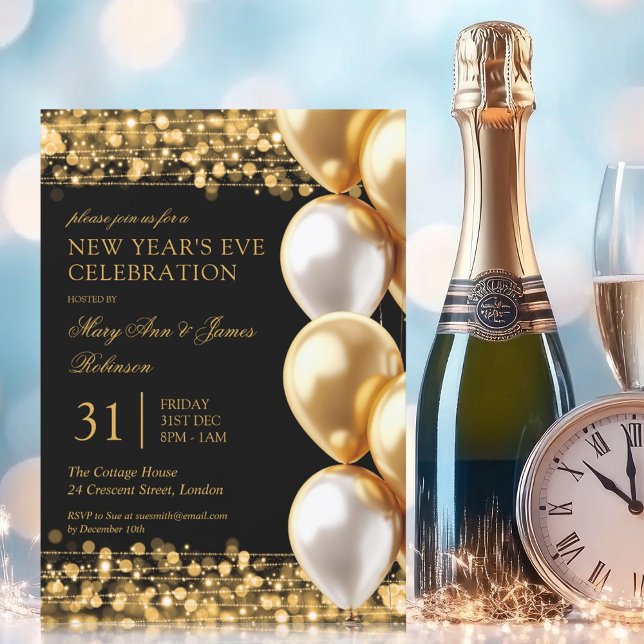 Invitation Nouvel An Eve Gold brillant Ballons (New Years Eve Gold Shimmering Lights Balloons Invitation)