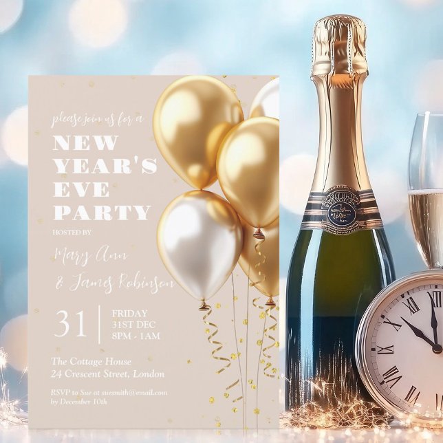 Invitation Nouvel An Eve Gold Confetti Balloons Champagne (New Years Eve Gold Confetti Balloons Champagne Invitation)
