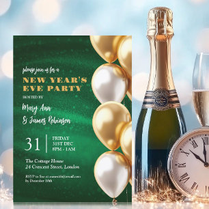 Invitation Nouvel An Eve Green Gold Shimmer Sequin Ballons