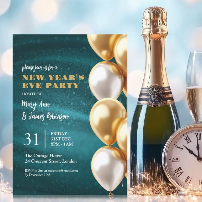Invitation Nouvel An Eve Turquoise Gold Shimmer Sequer Ballon (New Years Eve Teal Gold Shimmer Sequin Balloons Invitation)