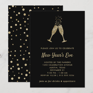 Invitation Nouvel An  Faux Gold Confetti en noir